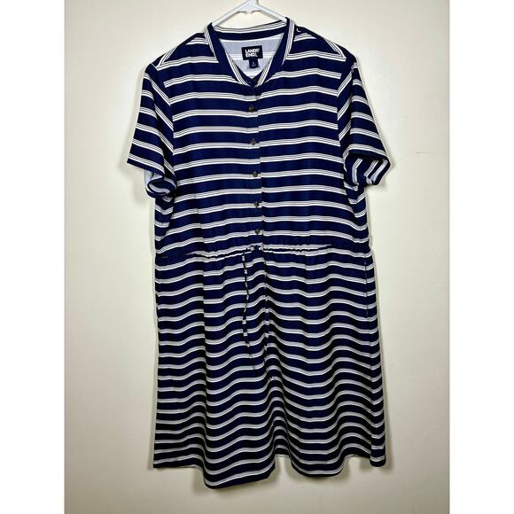 Lands End Dress Womens L Navy Blue Striped Midi Cinch Waist Nautical Coastal - Picture 1 of 9